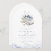 Blaue Aquarellmauer & Muscheln Hochzeit am Strand Einladung (Vorne/Hinten)