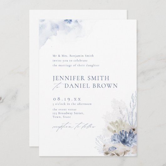 Blaue Aquarellmauer & Muscheln Hochzeit am Strand Einladung (Vorne/Hinten)