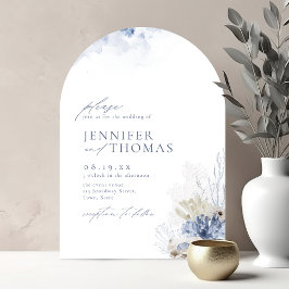 Blaue Aquarellmauer & Muscheln Hochzeit am Strand Einladung