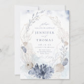 Blaue Aquarellmauer & Muscheln Hochzeit am Strand Einladung (Vorderseite)