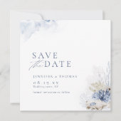 Blaue Aquarellmauer & Muscheln Hochzeit am Strand Save The Date (Vorderseite)