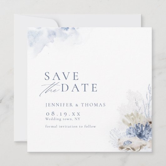 Blaue Aquarellmauer & Muscheln Hochzeit am Strand Save The Date (Vorderseite)