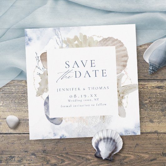 Blaue Aquarellmauer & Muscheln Hochzeit am Strand Save The Date
