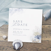 Blaue Aquarellmauer & Muscheln Hochzeit am Strand Save The Date