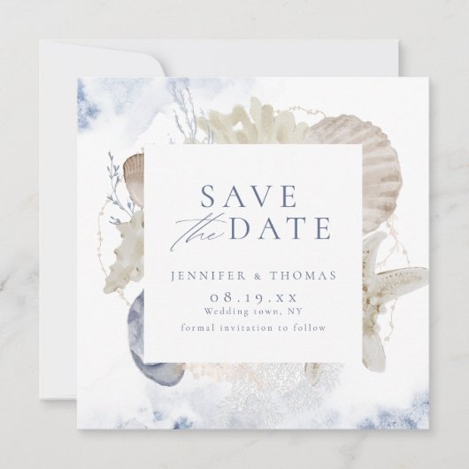 Blaue Aquarellmauer & Muscheln Hochzeit am Strand Save The Date (Vorderseite)