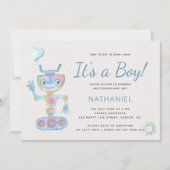 Blaue Aquarellroboter niedliche Kinderdusche Einladung (Vorderseite)