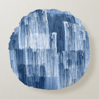Blaue Aquarellstreifen: Geometrisches Muster Rundes Kissen