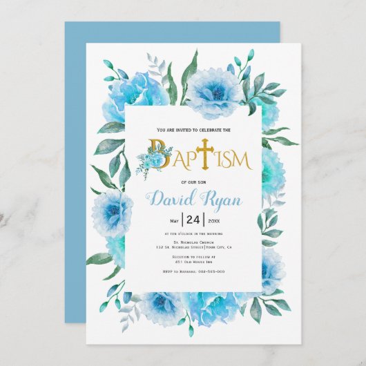 Blaue Aquarelltaufe Blume Einladung (Vorne/Hinten)