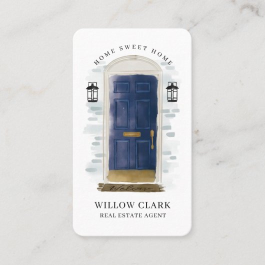 Blaue Aquarelltür Echtes Anwesen Agent Visitenkarte (Vorderseite)