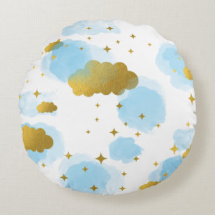 Blaue Aquarellwolken Goldene Sterne Himmel  Rundes Kissen