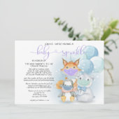 Blaue arktische Tiere in Masken, Baby Sprinkle Einladung (Stehend Vorderseite)