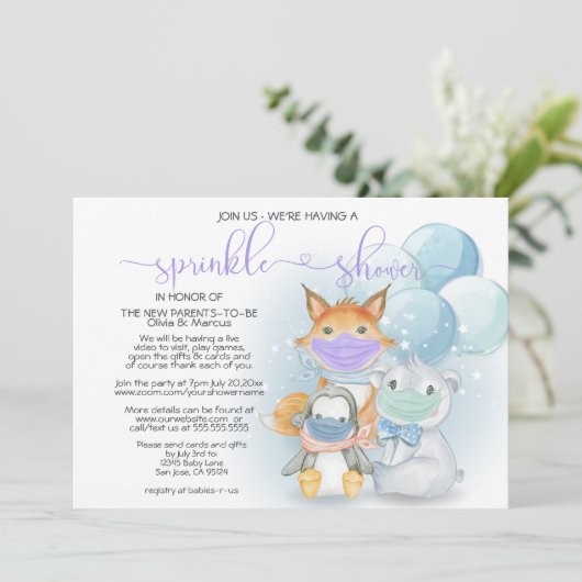 Blaue arktische Tiere in Masken Sprinkle Dusche Einladung (Stehend Vorderseite)