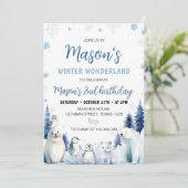 Blaue arktische Tiere Winter 2. Geburtstag Einladung (Stehend Vorderseite)