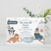 Blaue arktische Tiere Winter Onederland 1. Geburts Einladung (Stehend Vorderseite)