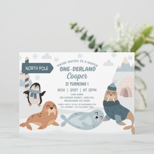 Blaue arktische Tiere Winter Onederland 1. Geburts Einladung (Stehend Vorderseite)