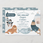Blaue arktische Tiere Winter Onederland 1. Geburts Einladung (Vorne/Hinten)