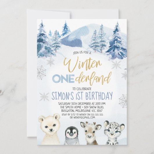 Blaue arktische Tiere Winter Onederland Geburtstag Einladung (Vorderseite)