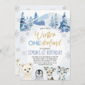 Blaue arktische Tiere Winter Onederland Geburtstag Einladung (Vorne/Hinten)