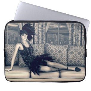 Blaue Art Deco Flapper-Frau Vintage-Kunst Laptopschutzhülle