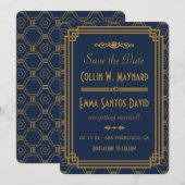 Blaue Art Deco Hochzeit Save The Date (Vorne/Hinten)