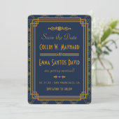 Blaue Art Deco Hochzeit Save The Date (Stehend Vorderseite)