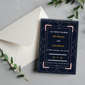 Blaue Art Deco Rose Gold Geometrische Hochzeit Einladung