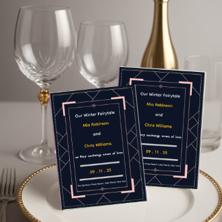 Blaue Art Deco Rose Gold Geometrische Hochzeit Einladung