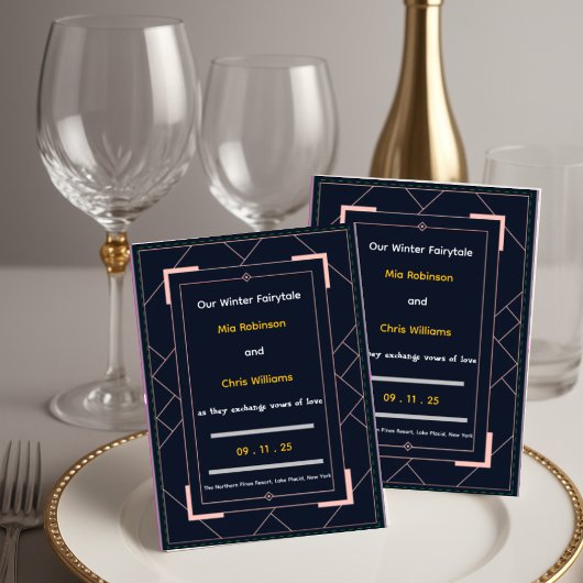 Blaue Art Deco Rose Gold Geometrische Hochzeit Einladung