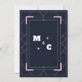 Blaue Art Deco Rose Gold Geometrische Hochzeit Einladung (Rückseite)