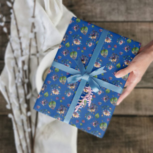 Blaue Art Nouveau Glasmalerei-Akelei-Blumen Geschenkpapier