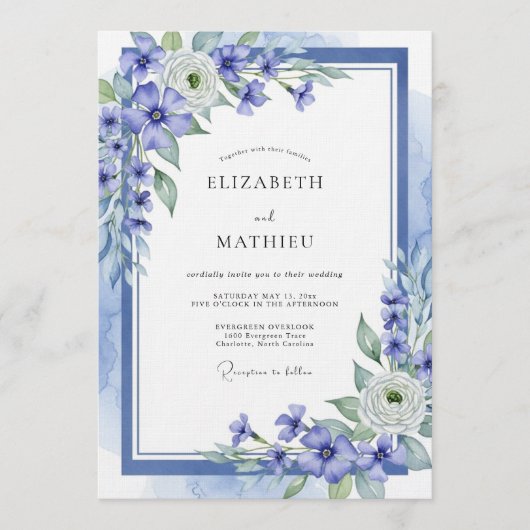 Blaue Ätherische Hochzeitsblumen Einladung (Vorderseite)