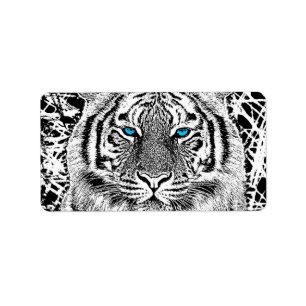 Blaue Augen-Tiger-Schwarzweiss-Grafik Adressaufkleber