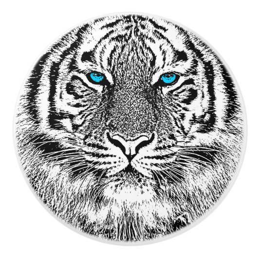 Blaue Augen-Tiger-Schwarzweiss-Grafik Keramikknauf (Vorderseite)