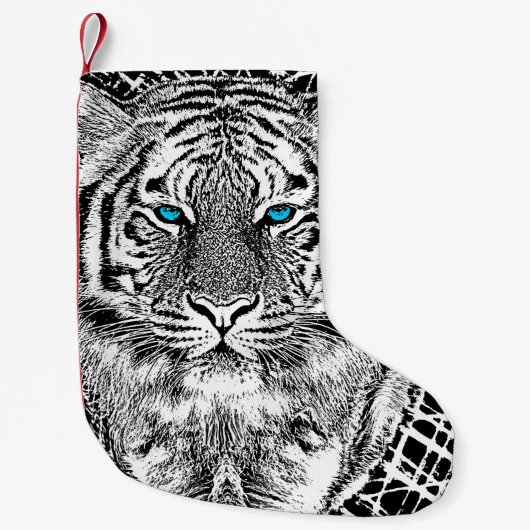 Blaue Augen-Tiger-Schwarzweiss-Grafik Kleiner Weihnachtsstrumpf (Vorderseite)