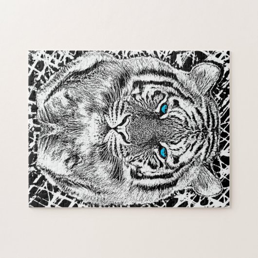 Blaue Augen-Tiger-Schwarzweiss-Grafik Puzzle (Horizontal)
