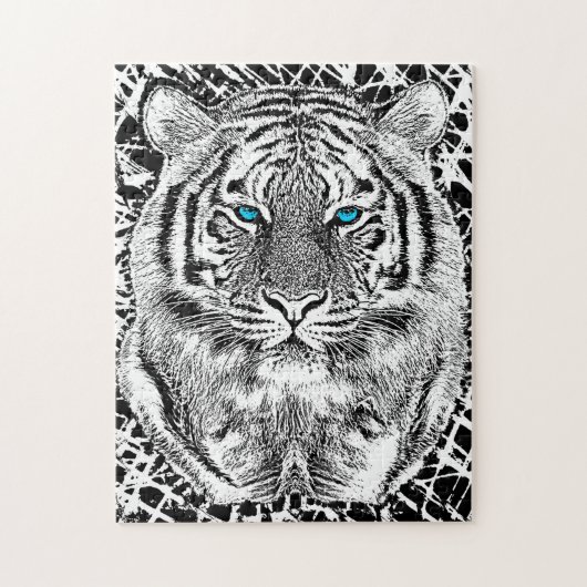 Blaue Augen-Tiger-Schwarzweiss-Grafik Puzzle (Vertikal)