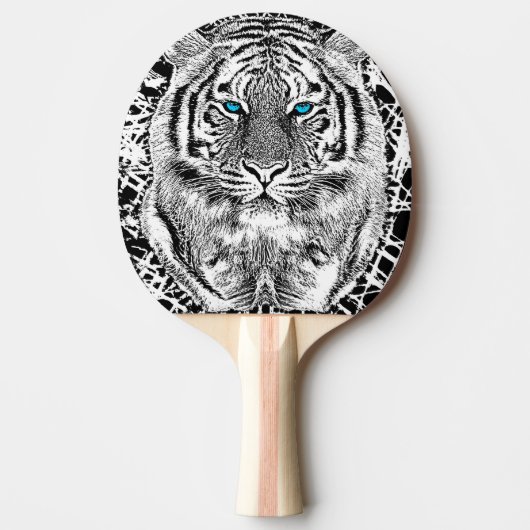 Blaue Augen-Tiger-Schwarzweiss-Grafik Tischtennis Schläger (Vorderseite)