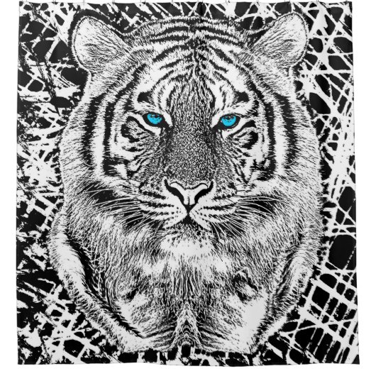 Blaue Augen-Tiger-Schwarzweiss-Kopf Duschvorhang (Vorderseite)