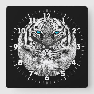 Blaue Augen-Tigerschwarzweiss-entwurf auf a Quadratische Wanduhr