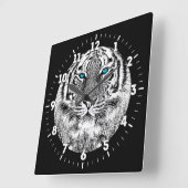 Blaue Augen-Tigerschwarzweiss-entwurf auf a Quadratische Wanduhr (Winkel)