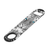 Blaue Augen-Tigerschwarzweiss-streifen Speedflaschenöffner (Vorderseite Schrägansicht)