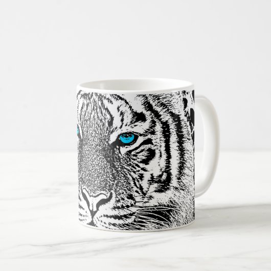 Blaue Augen-wildes Tigerschwarzweiss-gesicht Kaffeetasse (VorderseiteRechts)