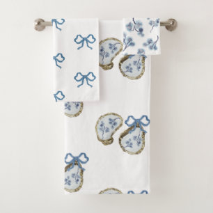 Blaue Austern und Blumen Badhandtuch Set