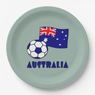 Blaue australische Fußballflagge auf grünem Hinter Pappteller