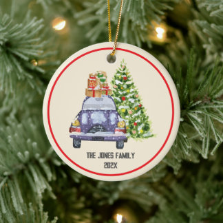 Blaue Auto-Weihnachtsbaum-Personalisierte Familie Keramik Ornament