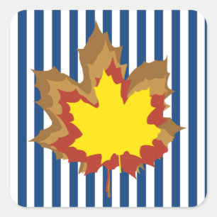 Blaue Autumnal Streifen mit Blätter Quadratischer Aufkleber