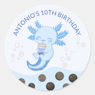 Blaue Axolotl-Blasen-Milch-Boba-Tee-Geburtstagsfei Runder Aufkleber