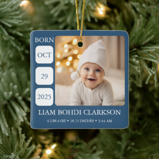 Blaue Baby-Jungen-Geburtsstatistik-Foto-Ornament-A Keramikornament