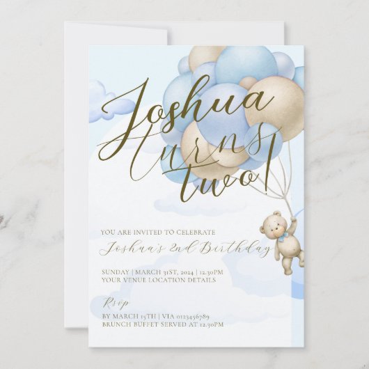Blaue Babyballons Teddybär Kindergeburtstag Party Einladung (Vorderseite)