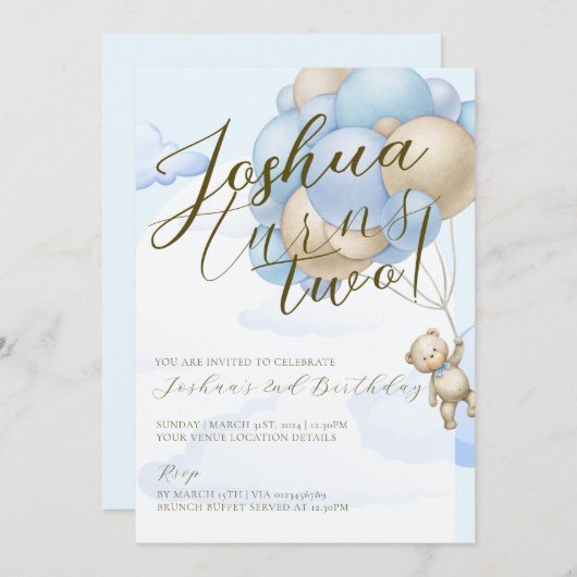Blaue Babyballons Teddybär Kindergeburtstag Party Einladung (Vorne/Hinten)